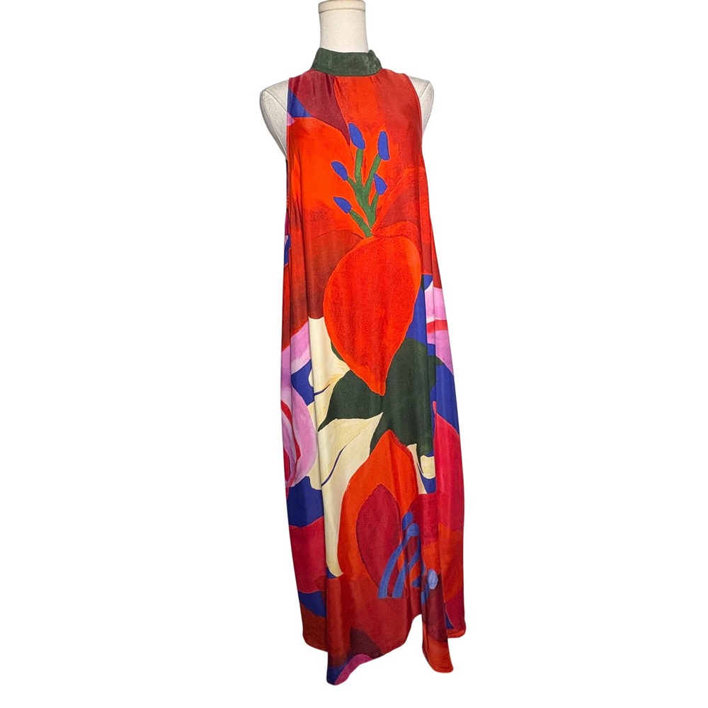 Farm Rio for Anthropologie Floral Mock Neck Trapeze Maxi Dress Red Blue L Petite